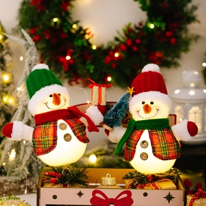 Glowing Christmas Snowman Doll Ornament With LED Lights Plaid Vest Mini Tree Snowman Figurine For Holiday Home Desktop Party Decoration