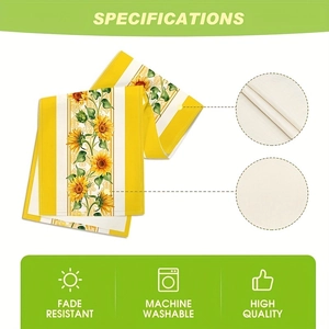 Sunflower table runner with yellow stripes, fade resistant and machine washable fabric