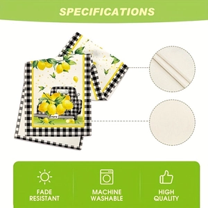 Linen table runner with lemon truck pattern and plaid borders for summer kitchen decor