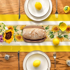 Yellow sunflower table runner with white stripes for seasonal kitchen dining decor