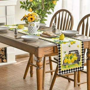 Plaid truck lemon table runner with rustic gingham border for summer kitchen decor