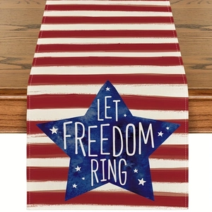 Patriotic Independence Day Table Runner Red White Blue Stripes Star Print Let Freedom Ring Kitchen Dining Table Decor Polyester Fabric