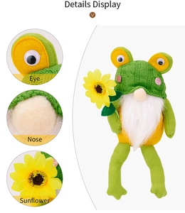 Details von Augen, Nase und Sonnenblume des Frosch-Gnoms mit grüner Strickmütze