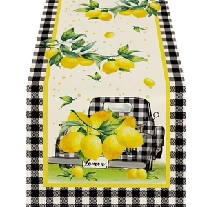 Seasonal lemon and plaid truck table runner for summer holiday kitchen and outdoor decor