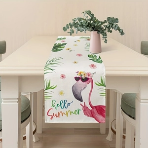 Summer table runner with pink flamingo, tropical leaves and Hello Summer text on white table