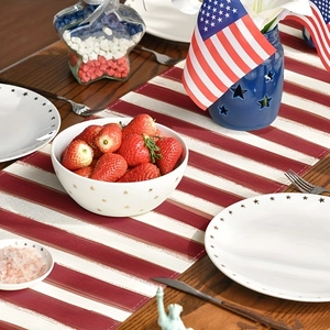 Patriotic red and white striped table runner for Independence Day dining table decor