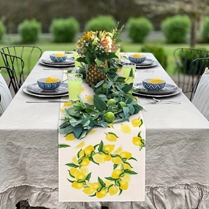 Summer table runner with fresh lemon wreath print for outdoor dining and kitchen decor