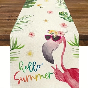 Detailed texture of cotton linen table runner with flamingo and hello summer print