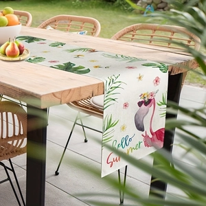 Tropical Flamingo Hello Summer table runner with monstera leaves for outdoor dining decor