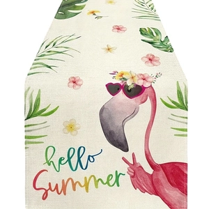 Linen table runner with flamingo and tropical leaves pattern with Hello Summer text