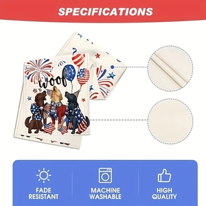 Detail of Independence Day table runner showing dog patterns and fabric quality icons