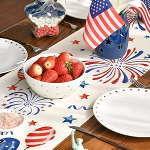 Detailed texture of cotton linen table runner with red and blue Independence Day patterns