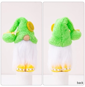 Front and back view of a summer lemon gnome plush with green hat and lemon pattern shoes