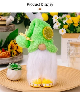 Detailed view of handmade summer lemon gnome plush with green hat and yellow patterned feet