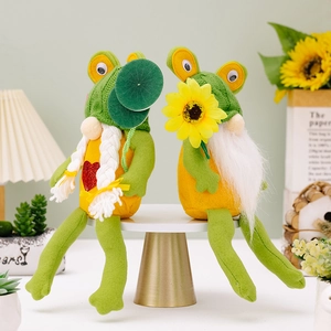 Set mit zwei niedlichen grünen Frosch-Gnome Plüschpuppen mit Sonnenblumen für Frühlingsdeko