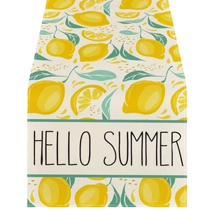 Hello Summer lemon table runner with yellow fruit patterns on beige textured fabric