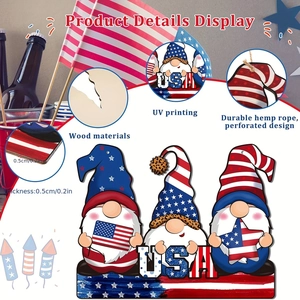 Detail display of Patriotic Gnomes ornaments featuring UV printing and 0.5cm wood thickness