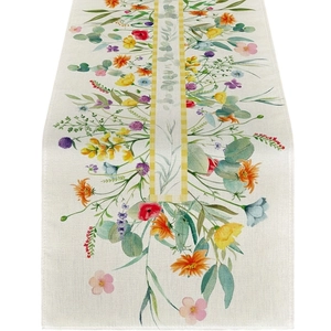 Spring wildflower table runner with watercolor eucalyptus and yellow plaid borders