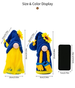 Size comparison showing blue and yellow sunflower gnomes with a smartphone reference