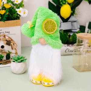 Detailed view of summer lemon gnome plush with green hat, lemon slices and white beard
