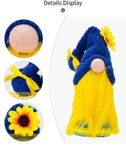 Detailed views of sunflower gnome gnome showing plush nose, satin bow and flower petal textures