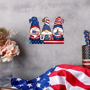Patriotic USA gnome wooden sign featuring stars and stripes design for home hanging decor