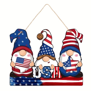 Patriotic wooden gnome welcome sign with USA flag stars for Independence Day decor