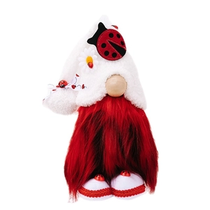Gnome en peluche fait main avec barbe rouge et motifs de coccinelles pour déco printanière