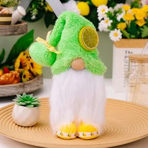 Summer lemon plush gnome with green hat and white beard on a wooden display tray