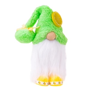 Summer lemon plush gnome doll with green hat and lemon slice details on white background