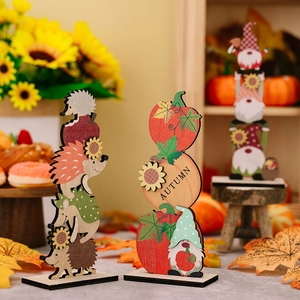 Wooden Thanksgiving decor set with hedgehogs, gnomes and pumpkins for autumn home display