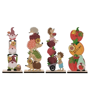 Set of 4 Thanksgiving wooden ornaments featuring gnomes, hedgehogs, and autumn harvest motifs