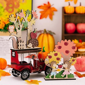 Thanksgiving wooden fall decorations with red truck, hedgehog and colorful maple trees