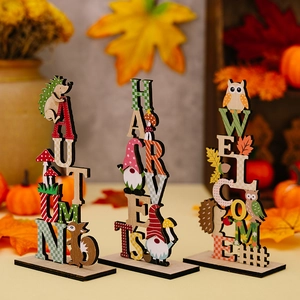 Three-piece autumn wooden table signs with Autumn Harvest Welcome text and gnome owl icons