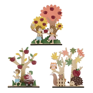 Three-piece Thanksgiving wooden table ornaments with hedgehog, owl, and squirrel designs
