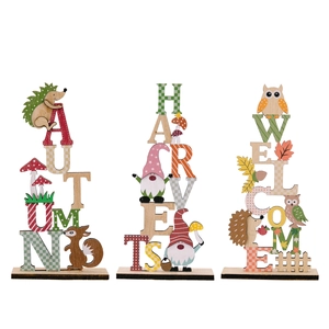 Set of 3 wooden autumn tabletop ornaments with harvest gnomes and fall themed letters