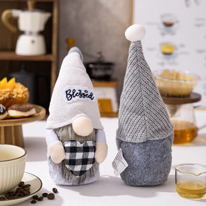 Christmas gnome plush dolls with Blessed knit hat and plaid heart in cozy coffee decor