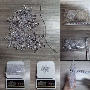 Detail shots of transparent acrylic snowflake ornaments with dimensions and weight data