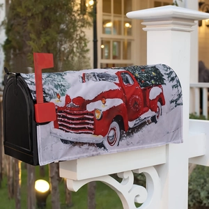 Christmas mailbox cover with vintage red truck and pine tree design for holiday decor