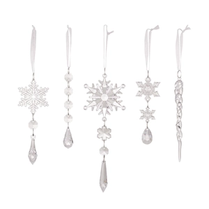 Set di 5 decorazioni natalizie in acrilico trasparente con fiocchi di neve e ghiaccioli