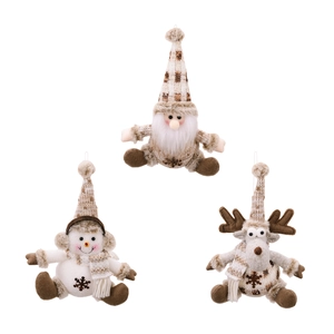 Three-piece knitted Christmas plush ornaments with Santa, snowman and reindeer designs