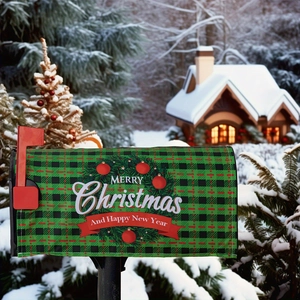 Outdoor Christmas mailbox cover with green plaid pattern and festive holiday wreath detail