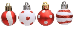 Set of four red and white mini painted Christmas ornaments with glitter patterns