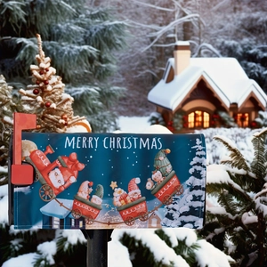 Outdoor scene of Santa and elf on train mailbox cover with Merry Christmas text