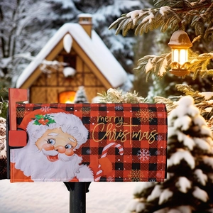 Christmas mailbox cover with Santa Claus and buffalo plaid pattern in a snowy outdoor scene