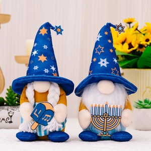 Gnome en Peluche Hanoucca Décoration Style Ménorah Dreidel Étoile de David Bleu Jaune Gnomes pour Table Maison Cadeau
