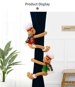Charming gingerbread man curtain tiebacks with knitted texture on blue curtains