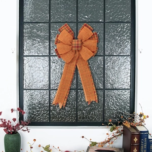 Fall orange burlap harvest wreath bow with plaid ribbon edges for Thanksgiving home decor