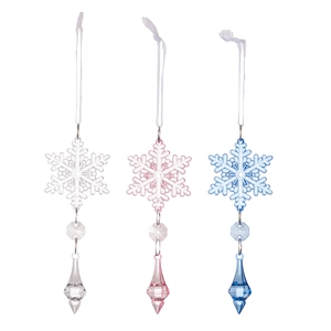 Three colorful acrylic snowflake ornaments with icicle drops and white ribbons on white background