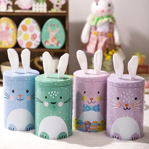 Easter bunny tin boxes in pastel colors with plush ears for candy storage decor